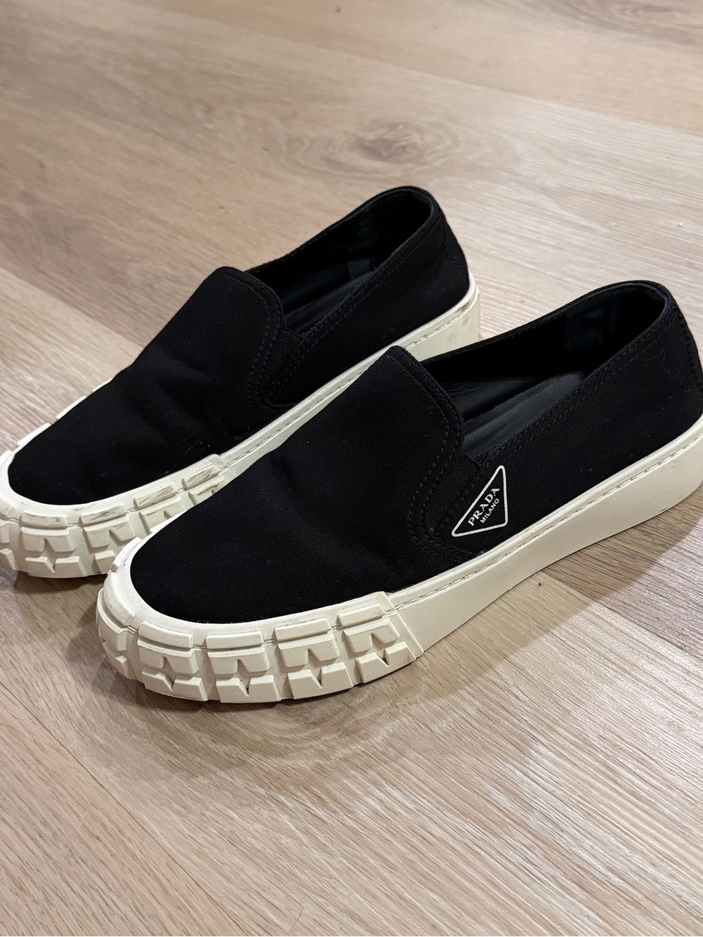 Prada Black Canvas Platform Slip-On Sneakers with Cream Soles